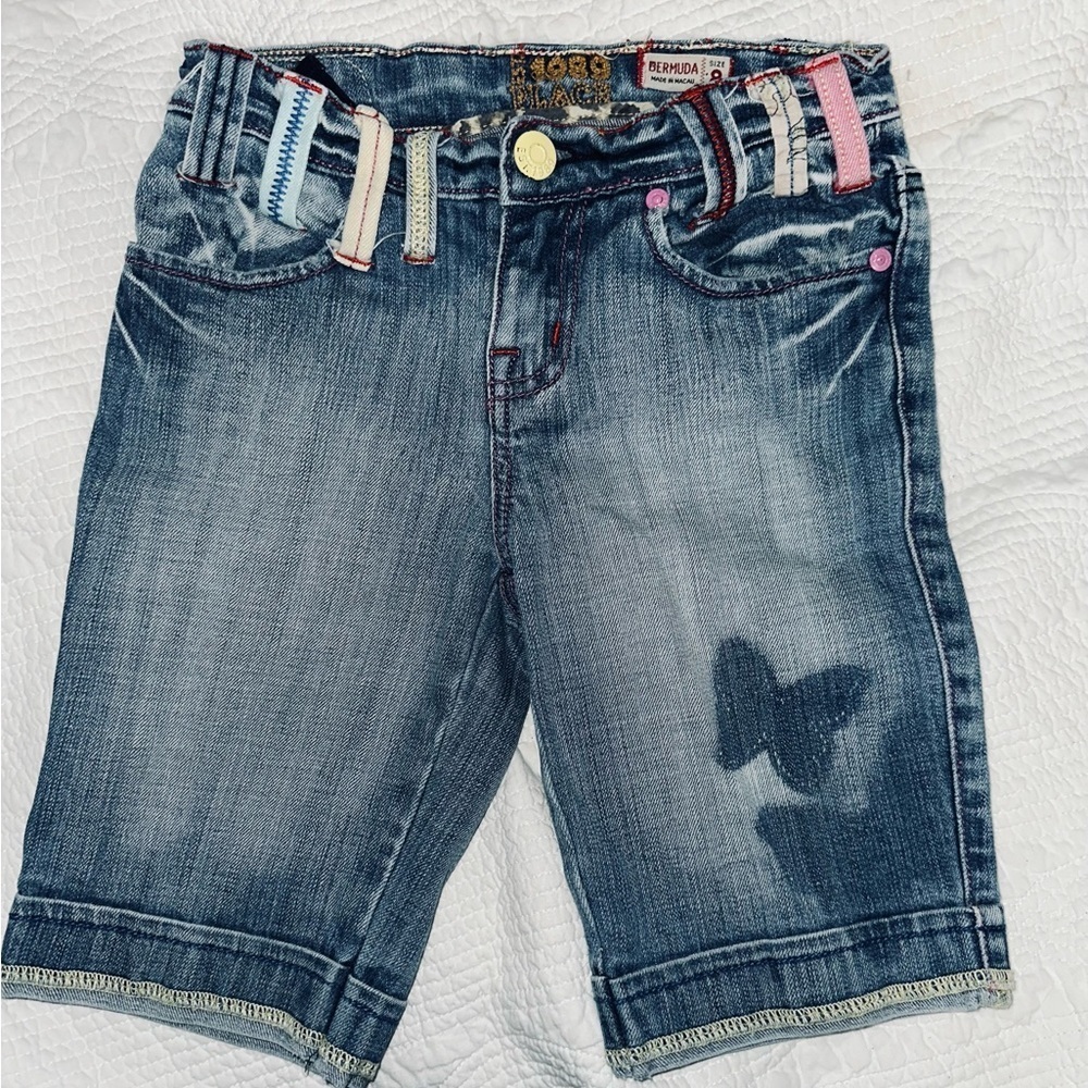 Distressed Denim Bermuda shorts with colorful belt loops & contrast butterflies